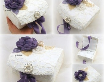 Wedding Ring Box, Ivory,Lilac, Vintage Lilac, Champagne, Lace Ring Box, Jewelry Box,Vintage Wedding, Elegant , Pearls, Crystals