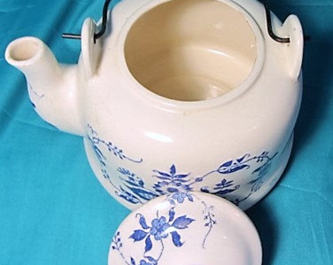 White and Blue Tea Pot, Delft, Blue & White, Wire Handle Tea Kettle, Price Imports Japan Display Teapot, Blue on White Ceramic Tea Kettle