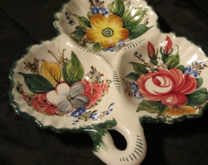 Vintage Made In Italy Pottery 3 Bowled Dish Floral Print, Decorative Serving Dish, Holiday Serving Dish, Italian Pottery Dish, Veggie Tray