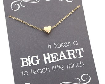 Teacher gifts - Tiny Gold or Silver Heart Necklace - Teacher appreciation carded gift "It takes a big heart to teach little minds"
