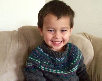 Fair Isle Knit Sweater, Child Sweater Size 2, 4, 6 and 8, Icelandic Fair Isle Sweater, Sweater 100% Wool, Gray Sweater, Brown Sweater