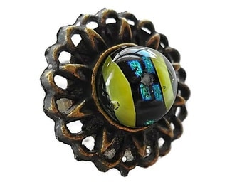Dichroic Glass Ring/ Fused Glass Ring/Adjustable Vintage Brass Band/ Yellow and Teal