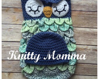 Owl Cocoon Pattern Owl and Hat Set Sleeping Sac Owl Photo Prop and Hat Crochet Pattern Newborn - 6months and 6-12 months Instant Download