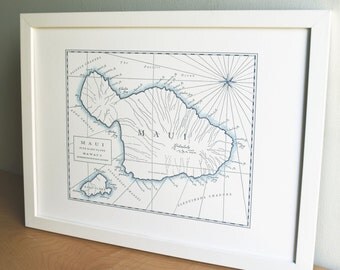 Maui, Hawaiian Islands, Letterpress Printed Map (Navy Blue)