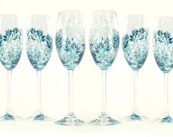 Bridesmaid Champagne Glasses - 6 Hand Painted Champagne Flutes - Teal and Silver Roses, Includes Personalizing - Custom Bachelorette Gift