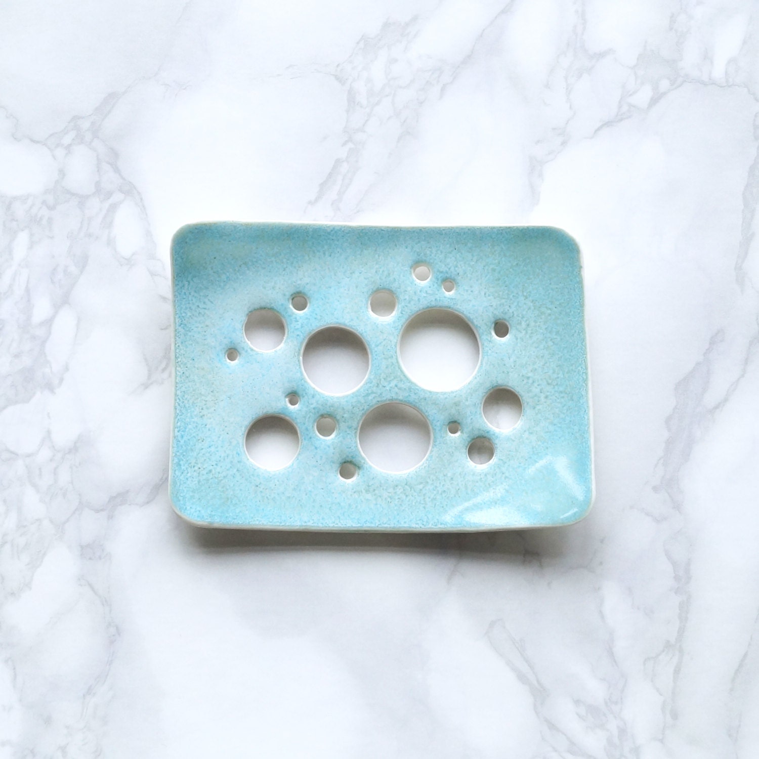 Bubble HOLES soap dish with aqua glaze. White by VanillaKiln