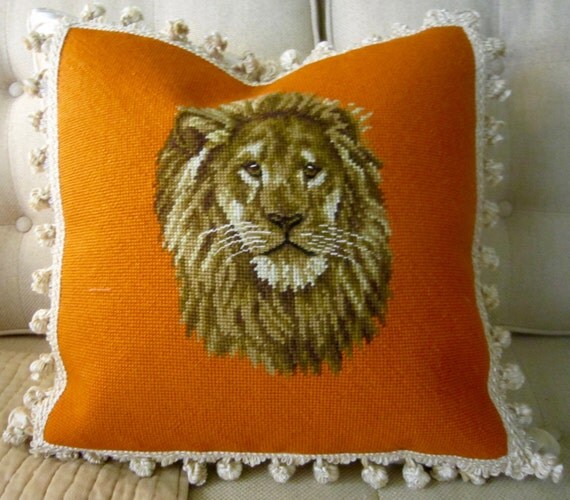 Vintage NEEDLEPOINT Orange Lion Silk Pillow Cover 20 x 20