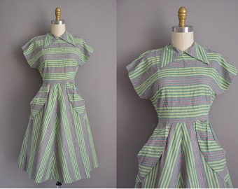 50s green cotton stripe print vintage dress / vintage 1950s dress