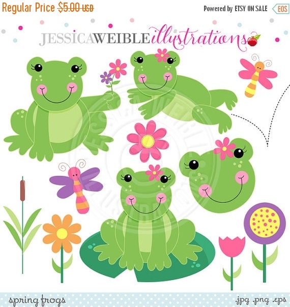 Sale Spring Frogs Cute Digital Clipart For Card By Jwillustrations