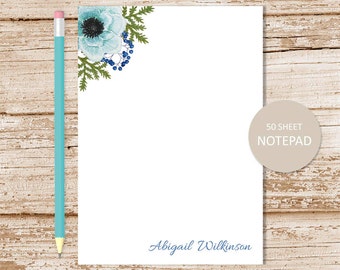 personalized floral notepad . turquoise watercolor anemone . flower note pad . personalized stationery . womens stationary . botanical