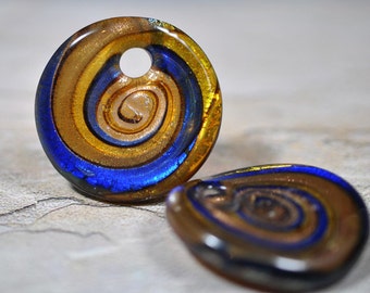 Murano style foil circle pendants, blue/olive/gold, 38mm, # 466