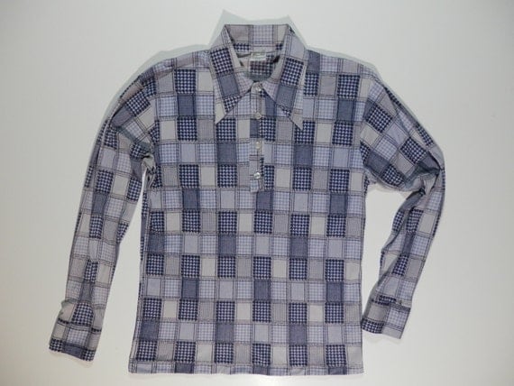 Mod Blue & White Print Shirt Long Sleeve Button Down Wide
