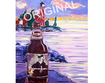 Michigan Beer Art, Curmudgeon Old Ale by Founders Brewing Beer Painting, Lighthouse Painting, Gift for Beer Lover, Craft Beer Gift for Him