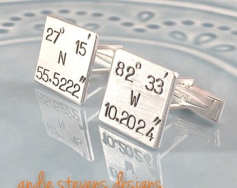Personalized Cuff Links - Coordinate Jewelry - Gift for Men - Hand Stamped - Sterling Silver - Anniversary Gift - Latitude Longitude GPS