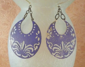 Gypsy Cowgirl Earrings - Brass Crescents with Cut Out Designs - Shabby Purple Finish