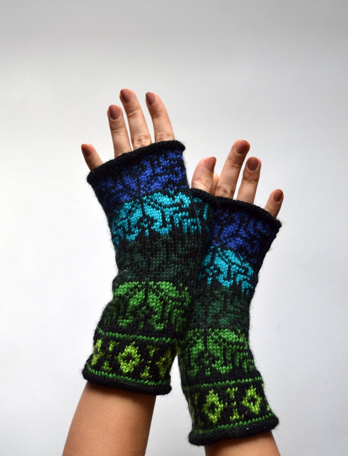 Fingerless Gloves Blue Tones Wool Gloves Gloves With By Lyralyra 9710