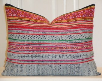 Hmong Pillow Cover - Vintage Tribal Decorative Pillow Cover - Hemp Fabric - Pink Orange Green Embroidery - Accent Pillow - Toss Pillow