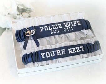 Handcrafted Embroidered Police Wedding Garters - Police Wife Garters - Blue line police garters - Something blue garters - Personalized.