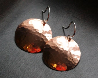 Large copper disc earrings, hammered disk earrings, dangle, metal earrings, drop, mixed metal, Mimi Michele Jewelry