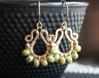 Green Czech glass dangle earrings, 14k gold filled, wire wrapped, drop hoop earrings, beaded, olive, Mimi Michele Jewelry