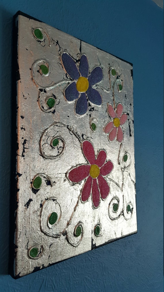 Mixed media Flower Canvas Silver Leaf Glitter Acrylic Fun
