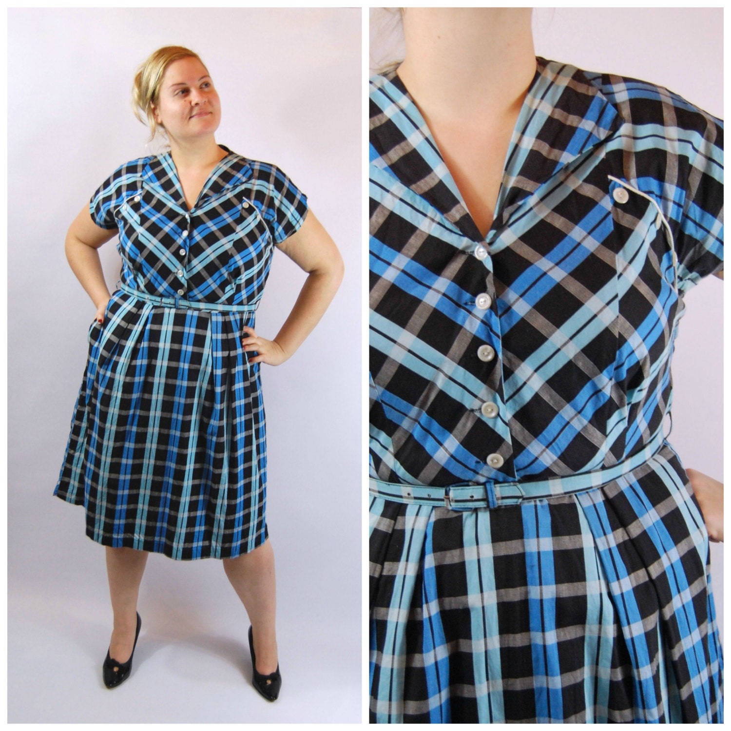 50s Volup Plaid Cotton Dress 1950s Cotton House Dress Blue