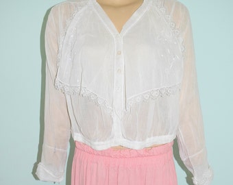 Antique Early 1900's Edwardian White Cotton Lace Trim Shirt Blouse Size 14 to 16