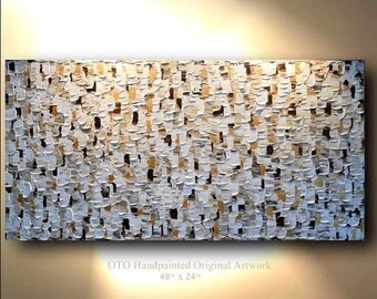 Abstract Painting Original Art White Brown Gold Tan Canvas Handpainted oil Wall Decor Artwork Impasto Textured 48x24 Modern art by OTO