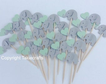 24 elephant cupcake toppers gray and Mint Green - Party Picks - Cupcake Toppers Baby Shower - Food Picks