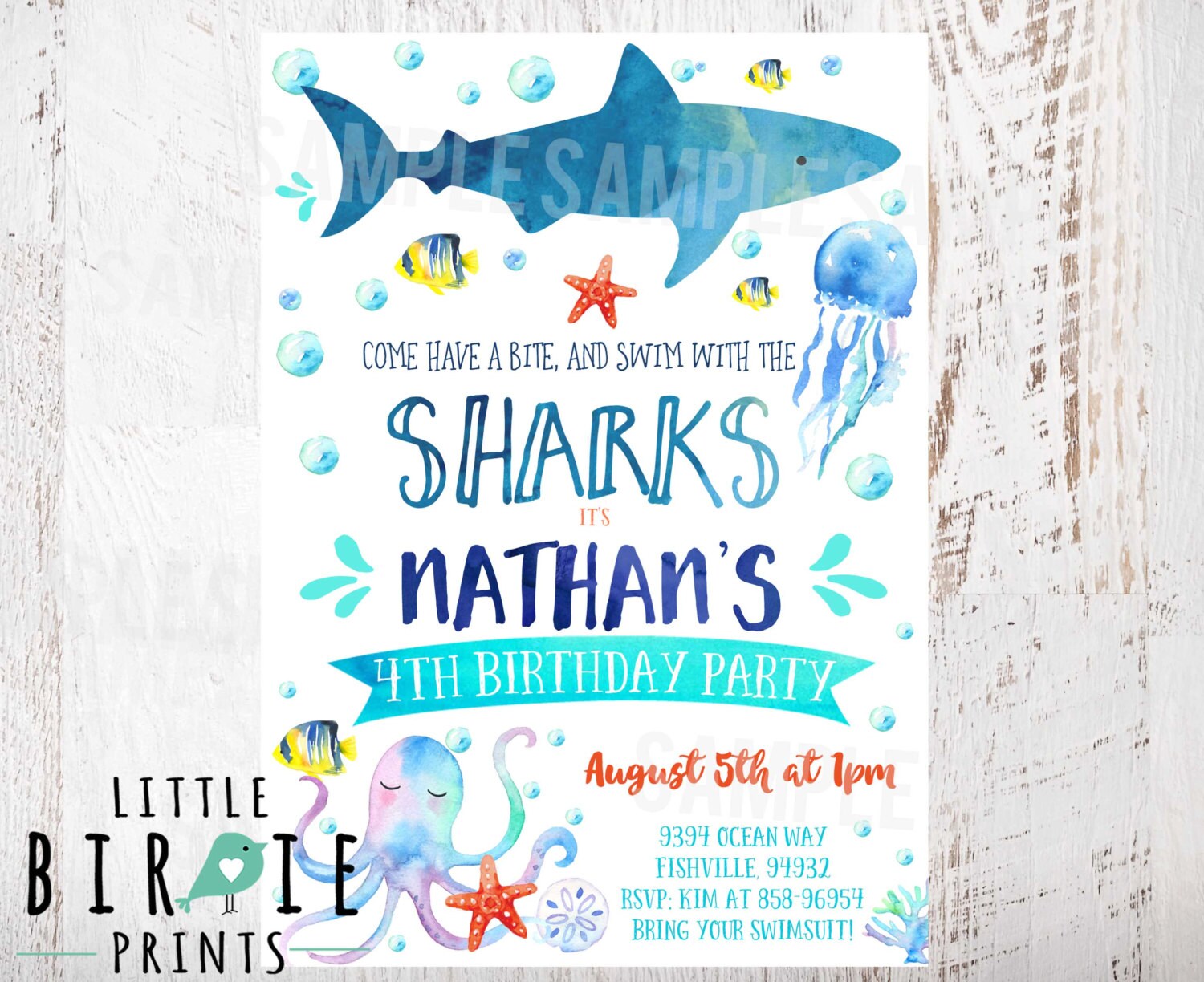 SHARK BIRTHDAY INVITATION Shark invitation watercolor Shark