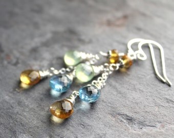 Multi Gemstone Earrings Blue Topaz Citrine Prehite Cascade Sterling Silver Dangle Earrings