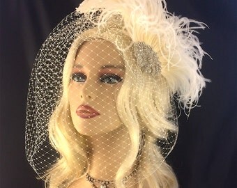 1920s Statement Wedding Headpiece, Fascinator, Wedding Hair Fascinator, Ivory Ostrich Hair Clip, Wedding Hair Clip, Bridal Fascinator, 1920s