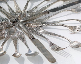 Vintage Ornate Flatware Place Settings, Rare Victorian Detailed Artisan Intricate Serving Sterling Flat ware, assorted Wedding Silver Set