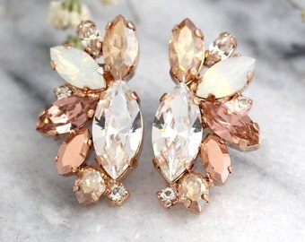 Rose Gold Champagne Cluster Earrings,Blush Bridal Earrings,Bridal Rose Gold Earrings,Bridesmaids Earrings,White Opal Champagne Studs