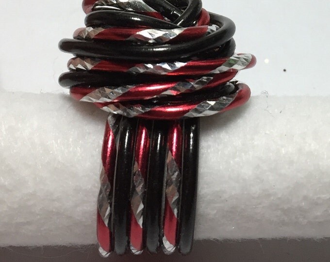 Red, Black, and Silver Statement Ring, Wire wrapped ring, Wire Rose Ring, Womens Statement Ring