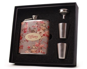 Mirabelle Blue-Gray Floral Flask for Women 6 oz Gift Set