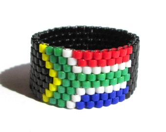 South African Flag Bead Ring, South Africa Jewelry, International Travel Jewelry, Seed Bead Ring, Peyote Weave Jewelry