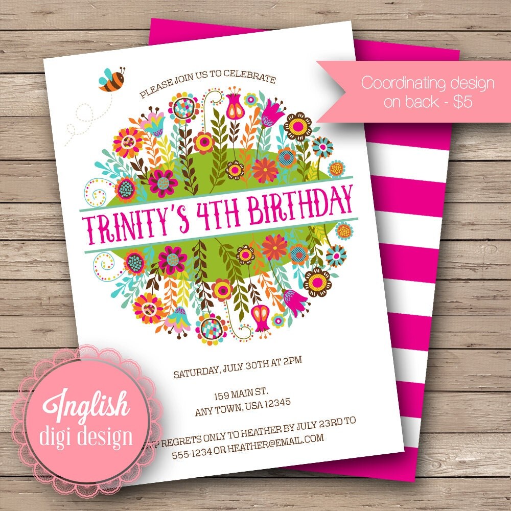 Flower Garden Birthday Party Invitation Bumblebee Birthday