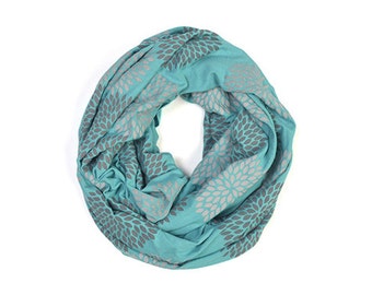 INFINITY SCARF - Screen Printed - Gray Flowers on Teal