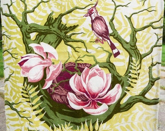 Vintage Barkcloth Drapery Panel, Birds, Lotus Blossoms - Mid-Century 1950s - Chartreuse, Pink, Green and Maroon