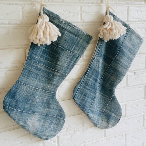 Vintage Mudcloth Christmas Stockings with Pom Poms Bohemian