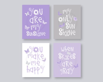 Butterfly Art for Kids, Purple Nursery Decor, Lavender Nursery Wall Art, You Are My Sunshine Art Prints, Purple and Gray Art Set of 4 prints