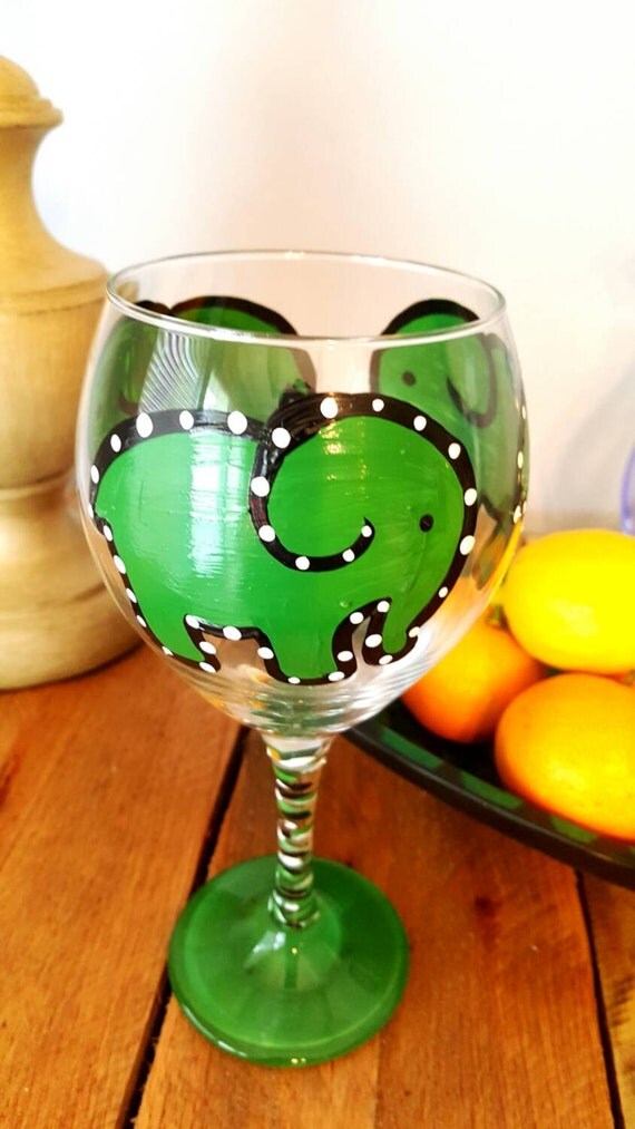 Green Elephant Painted Red Wine glass