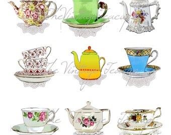 PDF Teacups and Tea Pots, 9 Digital Clipart Images for Instant Download, PDF and JPG (3)