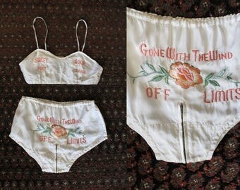 RESERVED-Rare! 1940s WWII Lingerie Set / 40s Novelty Bra Panties / ZIP Crotch! / "Off Limits" "Sweet Sour Don't Touch" "Gone With the Wind"