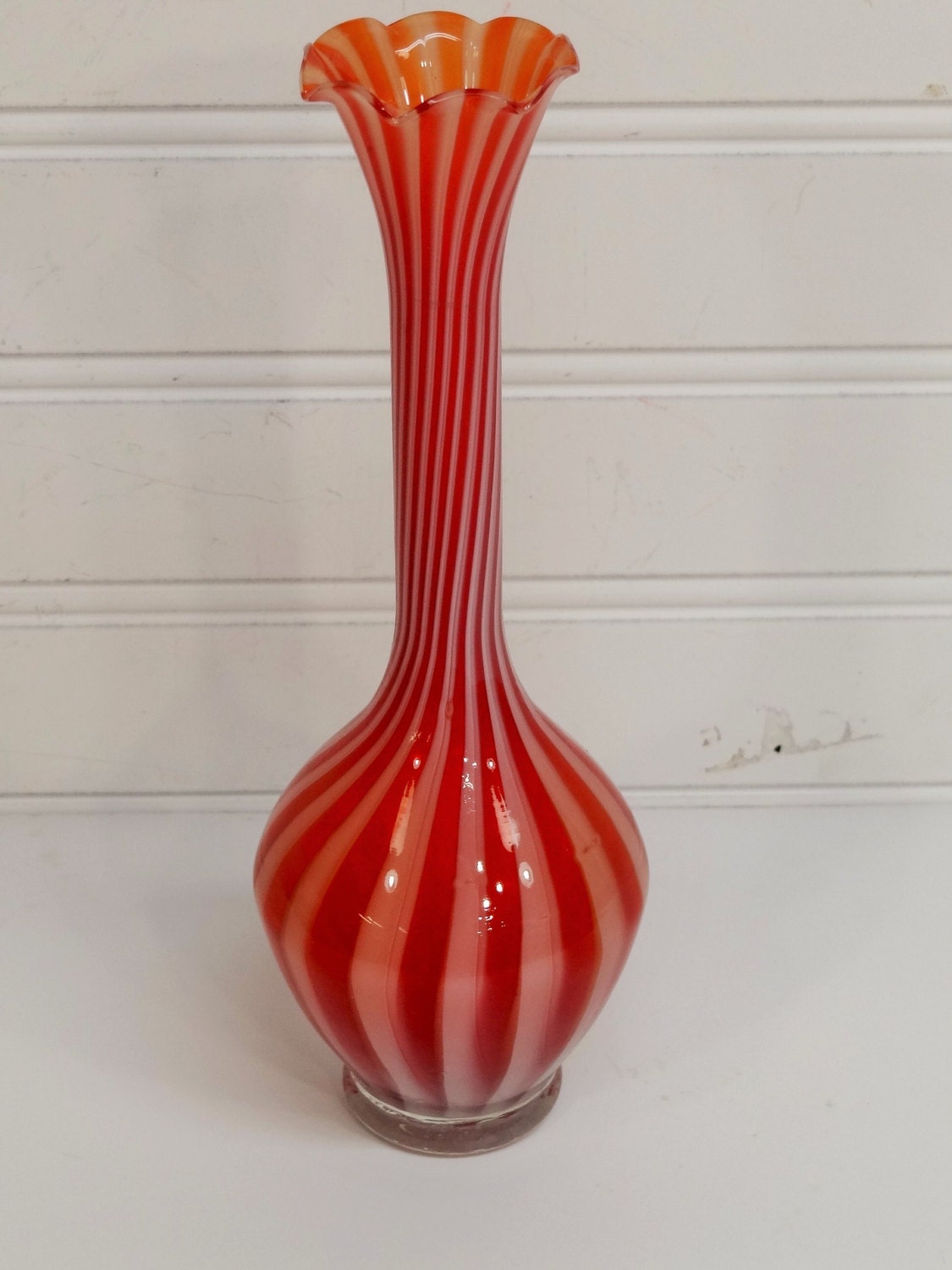 Vintage Hand Blown Glass Bud Vase Ruffled Red and White