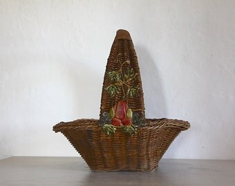 Vintage Basket Hand Woven. Vine Leaf and Fruit Decoration