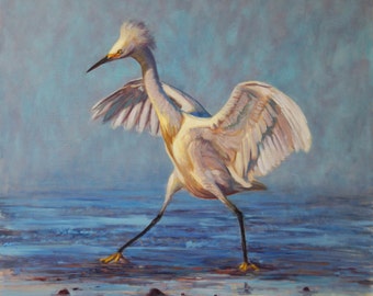 Snowy Egret Doing "The Crane" (original oil painting)