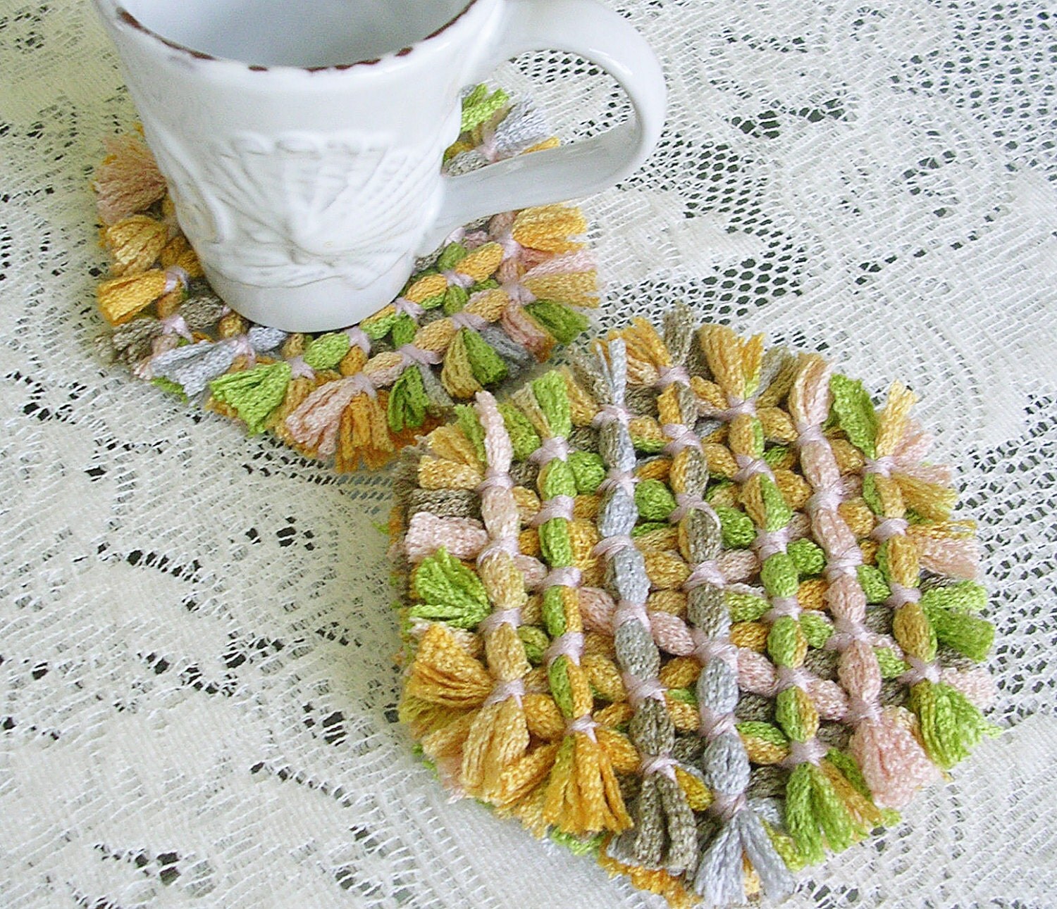 Yellow Gray Loom Coaster Set Fringed Hexagon Hand Woven