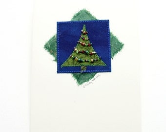 Greeting Card, Fiber Art Holiday Tree, Green Blue Beaded